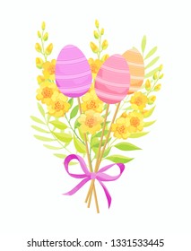 Easter eggs and flowers bouquet with bow. Floral composition. Vector illustration.