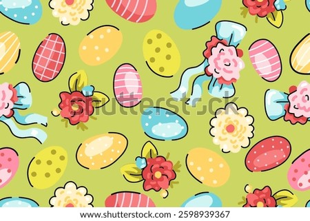 Easter eggs, flowers and bows seamless pattern. Cute pattern on green background. Hand drawn vector illustration. Design element. Happy Easter