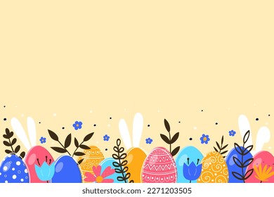 Easter eggs, flowers and bunnies on yellow background. Vector illustration