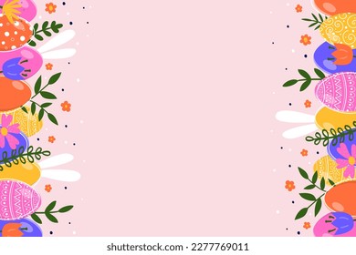 Easter eggs, flowers and bunnies on pink background. Vector illustration