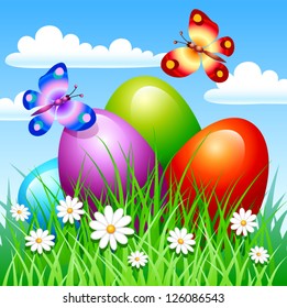 Easter eggs, flowers and butterflies