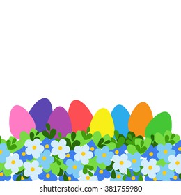 Easter eggs and flowers. Colorful Easter background.