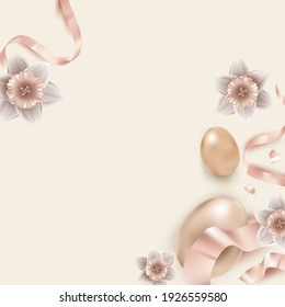 Huevos de Pascua, flores y vectores de renderización 3D de borde de confeti en oro rosa sobre fondo beige para tarjeta de saludo