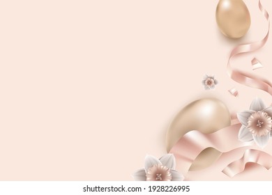 Easter eggs, flowers, and confetti border 3D rendering vector in rose gold on beige background for greeting card