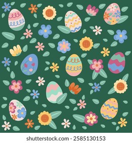 Easter eggs and flowers create a cheerful seamless pattern, ideal for spring celebrations and festive projects