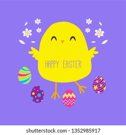 Easter eggs, flowers and cute chicken. Vector illustration. Cute chicken character. Happy easter elements. Flat design.