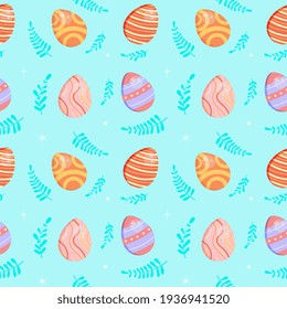 Easter eggs and flowers. Cute childish seamless pattern in cartoon style. Happy Easter Day! 