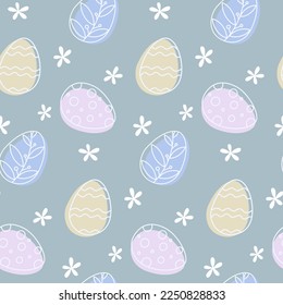 Easter eggs and flowers doodle seamless pattern. Pastel colored ornate cartoon outline eggs on soft green background.