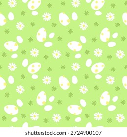 Huevos de Pascua, flores, patrón de primavera inconsútil dinámico para Pascua, Vector, diseño plano. Plantilla decorativa del patrón del color para el diseño, Fondo de pantalla, papel de embalaje, empaquetado, etiquetas, tela