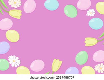 Easter eggs and flowers frame, border with copy space. Happy Easter spring holiday greeting card, invitation, poster, banner design element, vector illustration.