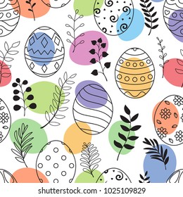 Easter eggs and flowers hand drawn black with ornaments and colored eggs on white background