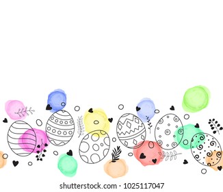 Easter eggs and flowers hand drawn with ornaments and watercolor dots on white background
