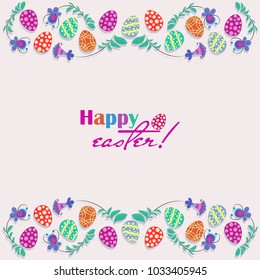 Easter eggs, flowers hand drawn on a white background. Happy easter! Decorative horizontal stripes of eggs with decorative flowers. For romantic and Easter design, announcements, greeting cards.