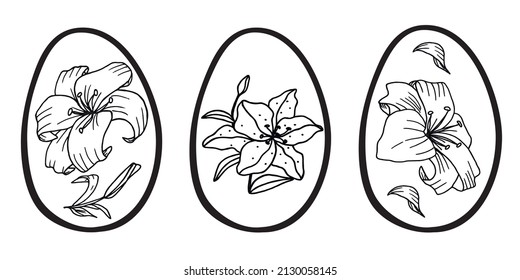 Easter eggs with flowers. Hand drawn vector isolsted set in doodle style for greeting cards, coloring pagers, posters and banners. 