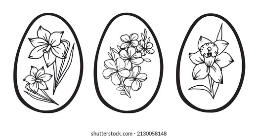 Easter eggs with flowers. Hand drawn vector isolsted set in doodle style for greeting cards, coloring pagers, posters and banners. 