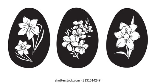 Huevos de Pascua con flores. Vector de tracción manual aislado conjunto en estilo doodle para tarjetas de felicitación, afiches y banners. 