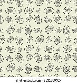 Easter eggs with flowers. Hand drawn vector seamless pattern in doodle style for wrapping paper, background and textile. Line art.