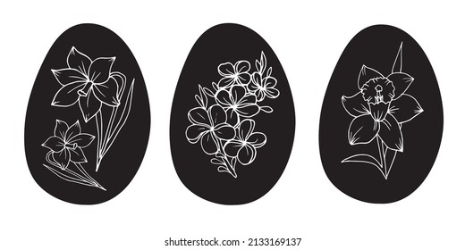 Easter eggs with flowers. Hand drawn vector isolsted set in doodle style for greeting cards, posters and banners. 