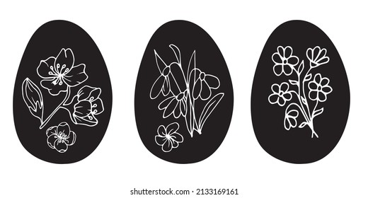 Easter eggs with flowers. Hand drawn vector isolsted set in doodle style for greeting cards, posters and banners. 