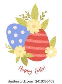 Huevos de Pascua y flores. Feliz Pascua. Tarjeta de pasaje de vacaciones. Ilustración vectorial.