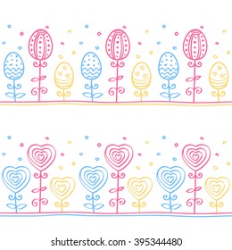 Easter eggs, flowers and hearts, doodle ornament. Line seamless pattern for textile, lace, border. 