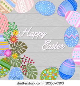 Easter eggs and flowers with leaf on wood. vector design card.