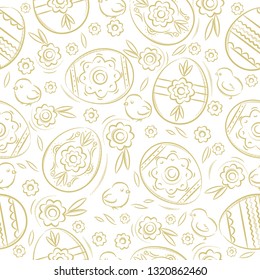 Easter eggs, flowers, leafs, chick. Seamless pattern for Easter holiday. Easter background design. Hand drawn elements. Can be used for fabric, wallpaper, pattern, web page, greeting card, vector