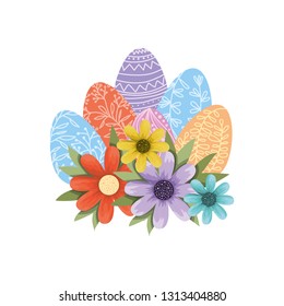easter eggs with flowers and leafs isolated icon