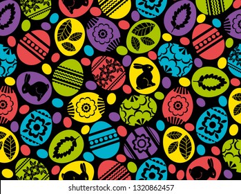 Easter eggs, flowers, leafs and rabbits over black background. Easter design. Can be used for fabric, wallpaper, pattern fills, web page background, scrap booking, vector, pattern