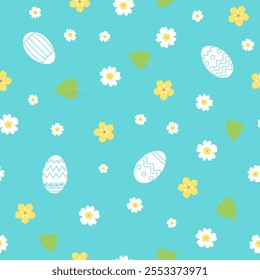 Easter eggs, flowers and leaves isolated on a blue background. Seamless pattern in flat style. Festive background for paper, gift wrap, textile, card, wallpaper.