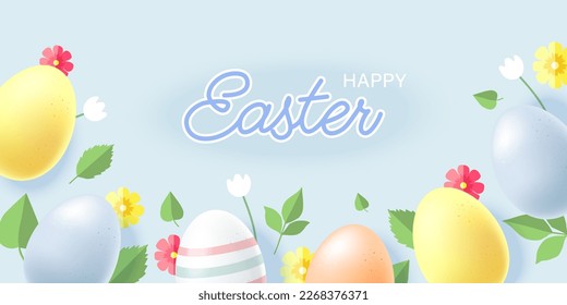 Easter eggs with flowers, leaves and lettering text on a blue background. Greeting banner for Easter Day. Vector illustration.
