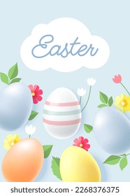 Easter eggs with flowers, leaves and lettering text on a blue background. Greeting card for Easter Day.