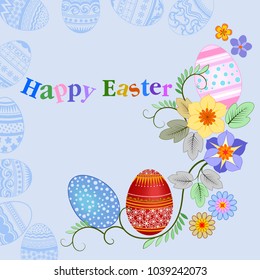 Easter eggs with flowers on blue background vector design.