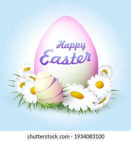 Easter eggs and flowers on blue background. Easter Egg Hunt poster.