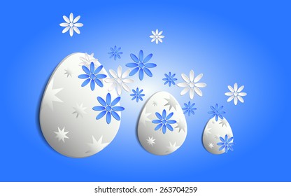 Easter eggs and flowers on blue background