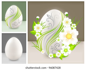 Easter eggs with flowers on gray background, holiday vector illustration