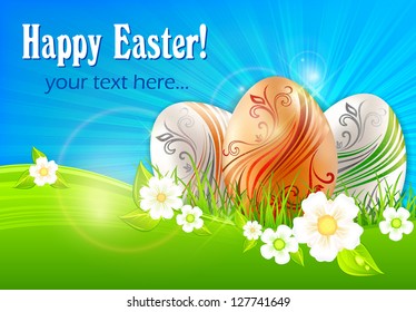 Easter eggs with flowers on green grass & text, vector illustration