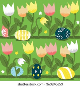 Easter eggs with flowers on the ground. Vector illustration