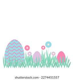 Easter eggs in flowers on the lawn. Vector illustration.