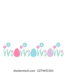 Huevos de Pascua en flores en el césped. Ilustración vectorial.