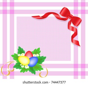 Easter eggs with flowers on a pink checkered tablecloth with a red bow