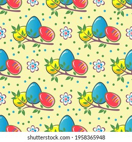 Easter eggs and flowers on yellow background. Seamless pattern for wrapping paper or textile print.