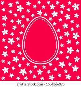 Easter eggs and flowers pattern frame. White oval contour on a floral red background. Easter holiday card, cover, poster, backdrop. Sample template for design. Vector modern illustration