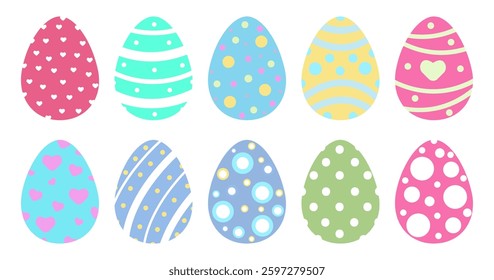 Easter Eggs with Flowers Pattern. Happy Easter. Cute Eggs Drawing Clipart Icons. Spring Holiday Flat Oval Shape Elements. Collection in Colorful and Multicolored Paint art for Traditional Christian.