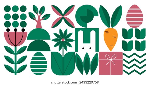 Easter, eggs, flowers, plants of simple shapes. Vector illustration.Bauhaus pattern abstract geometric.