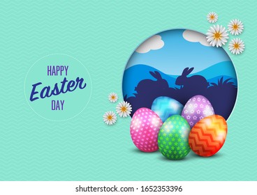 Easter eggs and flowers with rabbit, grass shadow on green color background. Design with typography happy easter day for greeting card, website or banner. Vector illustration.