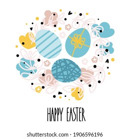 Easter eggs with flowers in a round frame. Greeting card for Easter in hand Drawn style