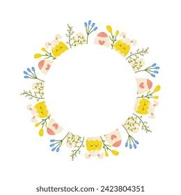 Easter eggs and flowers round frame, ornament, spring. On white isolated background. For your postcard design, invitations, congratulations