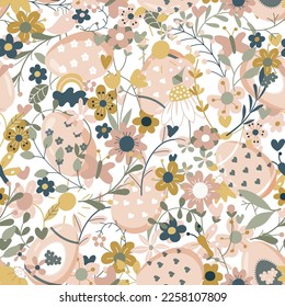 Easter eggs and flowers seamless pattern. Traditional Easter ornament. Christ is risen. Illustration of Easter decorative eggs background fabric or packaging. Vector illustration.