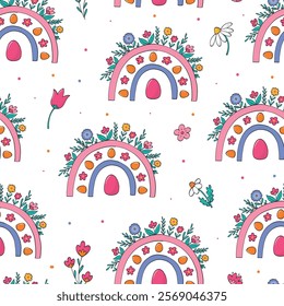 Easter eggs and flowers seamless pattern with rainbows and dots for wallpaper, wrapping paper, scrapbooking, stationery, backgrounds, digital paper, etc. EPS 10